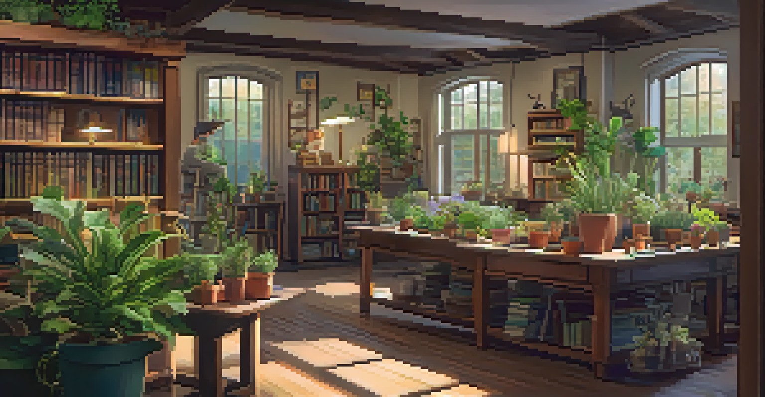 An elder teaching children about plant care in a cozy library, surrounded by books and potted plants.