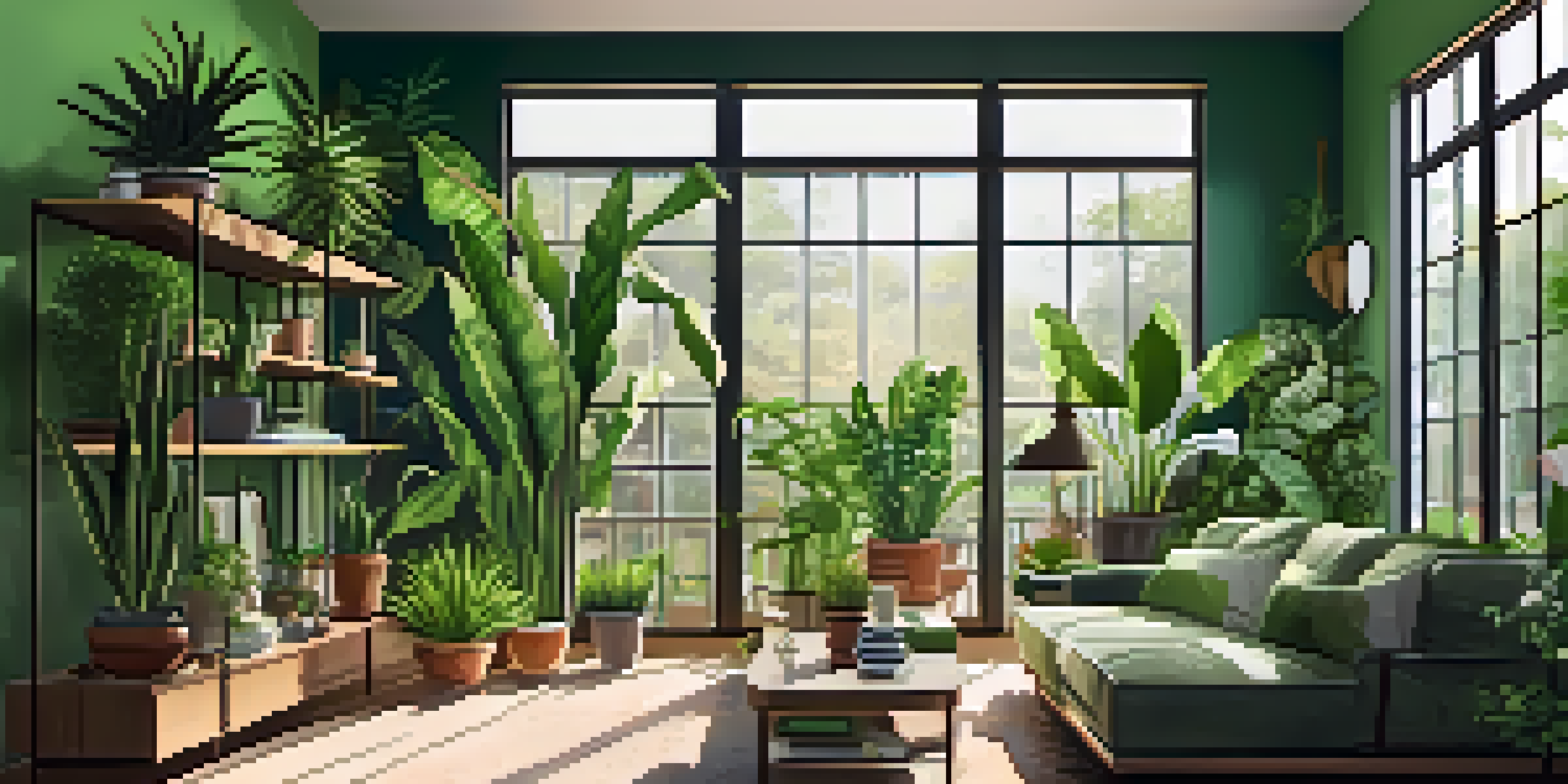 A cozy living room adorned with various houseplants, including a tall snake plant and cascading pothos, arranged on shelves with natural light filtering in.