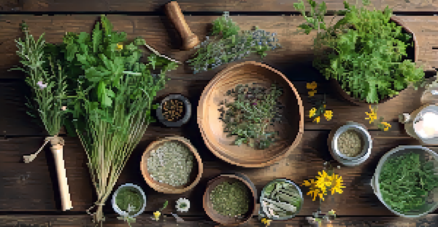 A traditional herbal medicine workshop with wild plants and herbs arranged on a wooden table, illuminated by natural light.