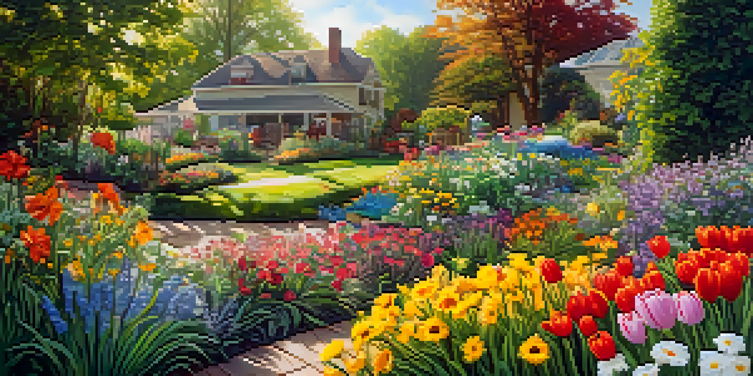 A colorful and diverse flower garden with different types of flowers illuminated by sunlight.