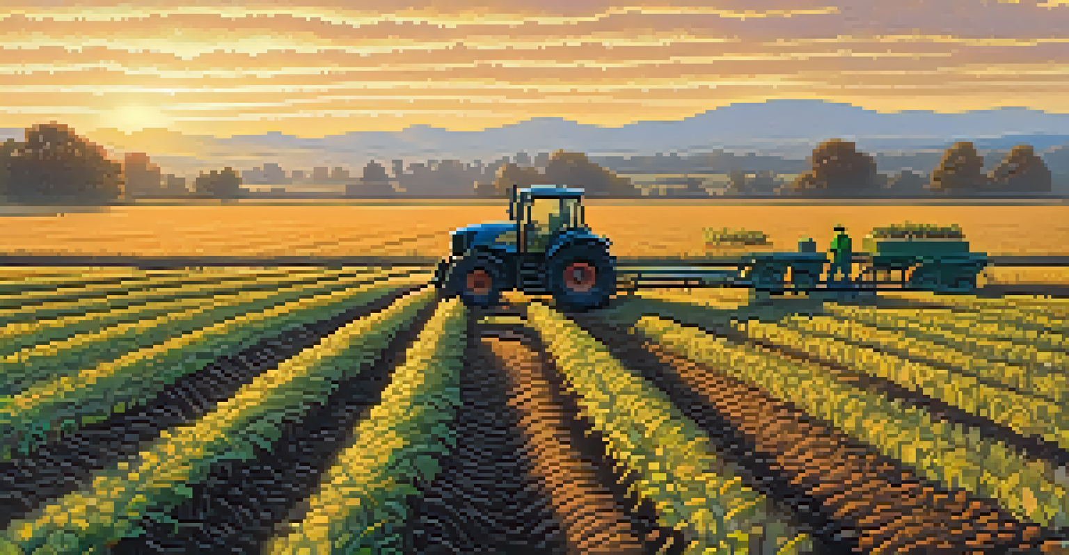 An agricultural field at sunset with crops and a farmer applying fungal inoculants, showcasing sustainable farming practices.