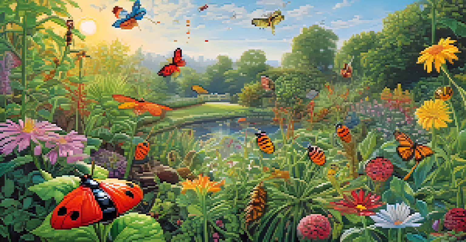 A garden showcasing integrated pest management with diverse plants and beneficial insects like ladybugs among colorful flowers.