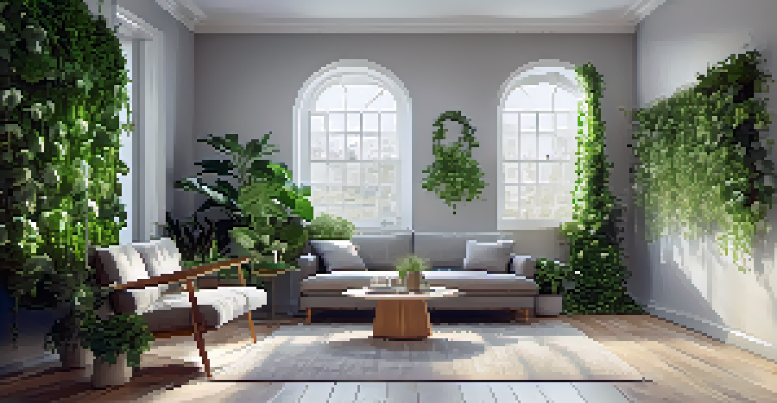 A vibrant vertical garden on a light gray living room wall with cascading plants like ivy and string of hearts, illuminated by sunlight.