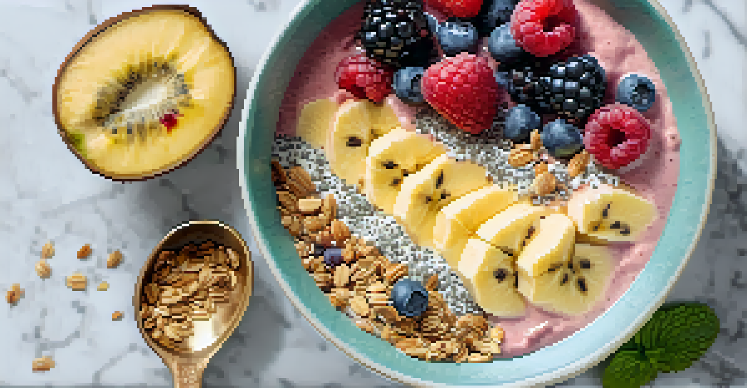 A close-up of a smoothie bowl topped with chia seeds, berries, and bananas on a marble countertop.