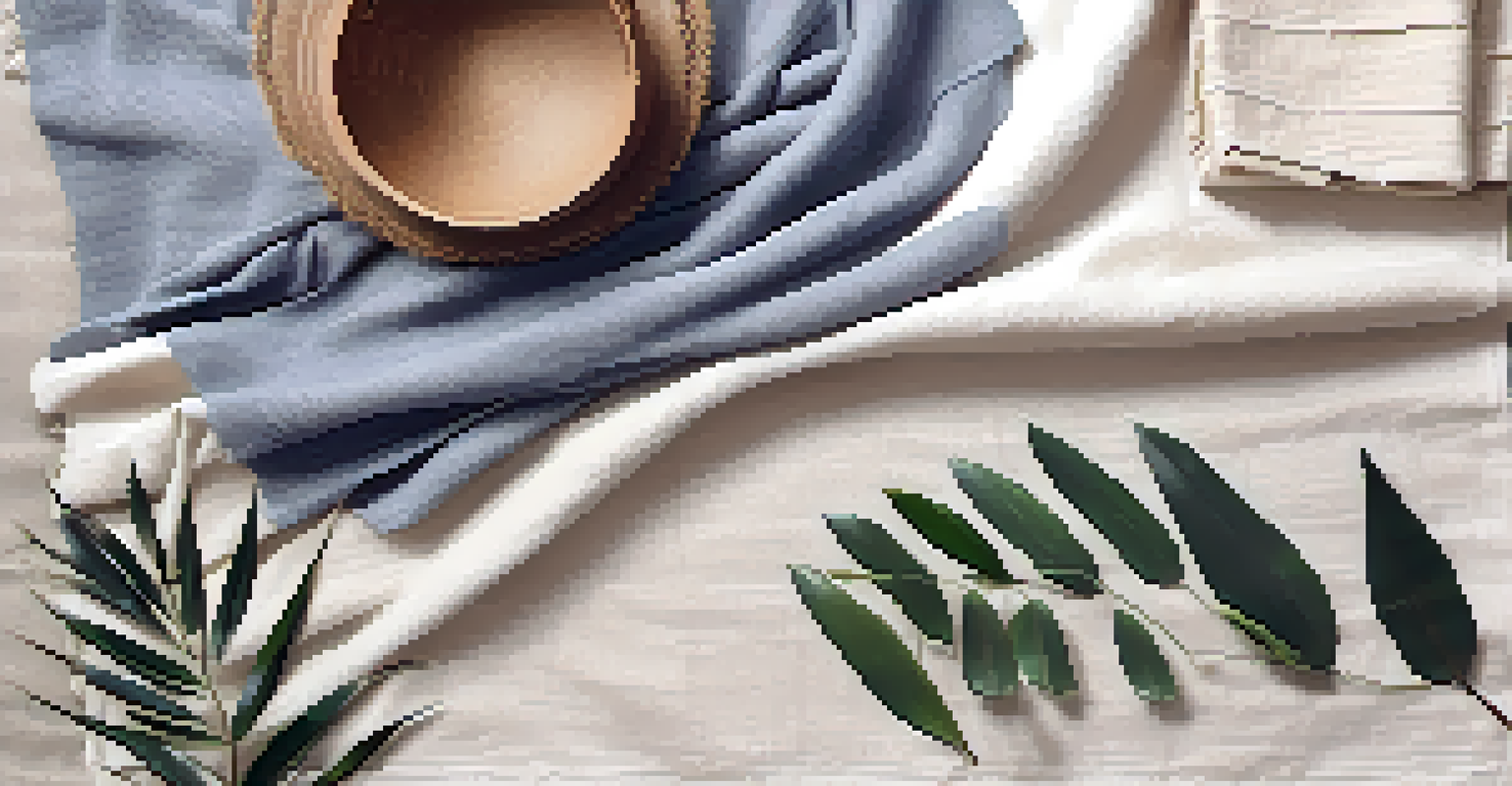 A flat lay of eco-friendly textile products made from bamboo and linen, including a blanket, towels, and a t-shirt on a light fabric background.