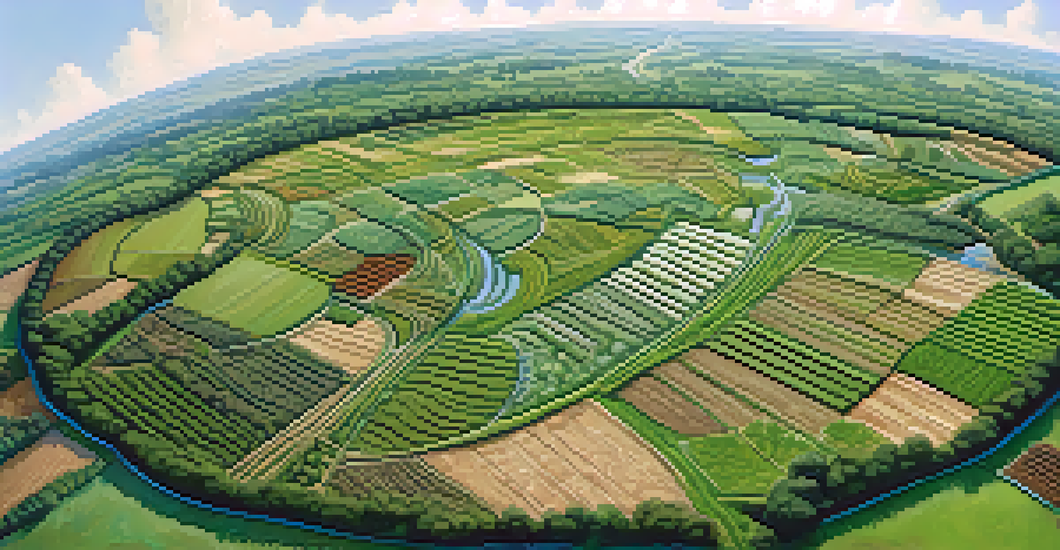 Aerial view of a permaculture landscape with contour farming and swales.