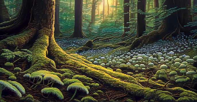 A close-up view of a forest floor showcasing mycorrhizal fungi intertwined with plant roots, illuminated by soft sunlight.