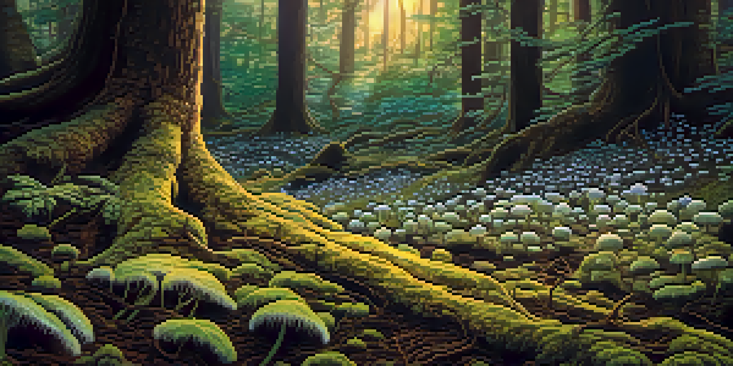 A close-up view of a forest floor showcasing mycorrhizal fungi intertwined with plant roots, illuminated by soft sunlight.
