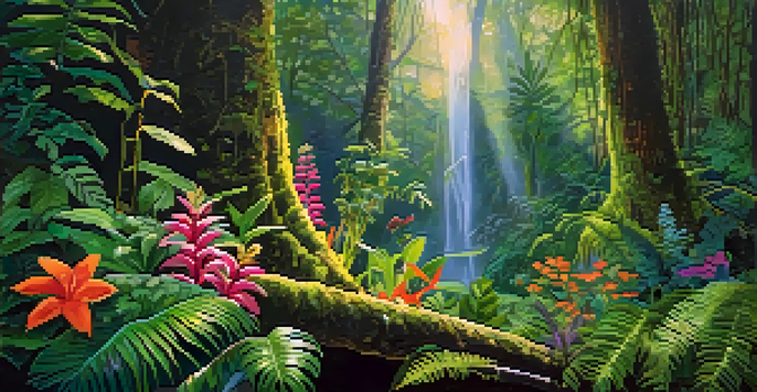 A dense rainforest with the ayahuasca vine climbing a tree, illuminated by sunlight filtering through the leaves, surrounded by colorful flowers and lush ferns.