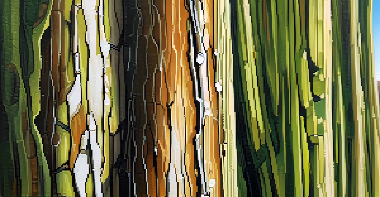 A detailed close-up of a tree's bark texture with sunlight illuminating the rich colors, set against a blurred city background.