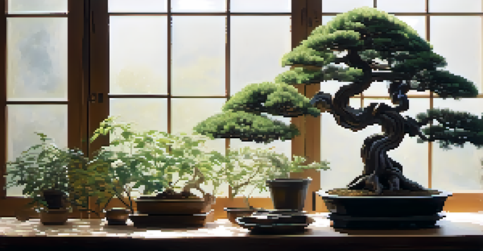 A peaceful bonsai tree on a table with bonsai tools around it, illuminated by soft natural light.