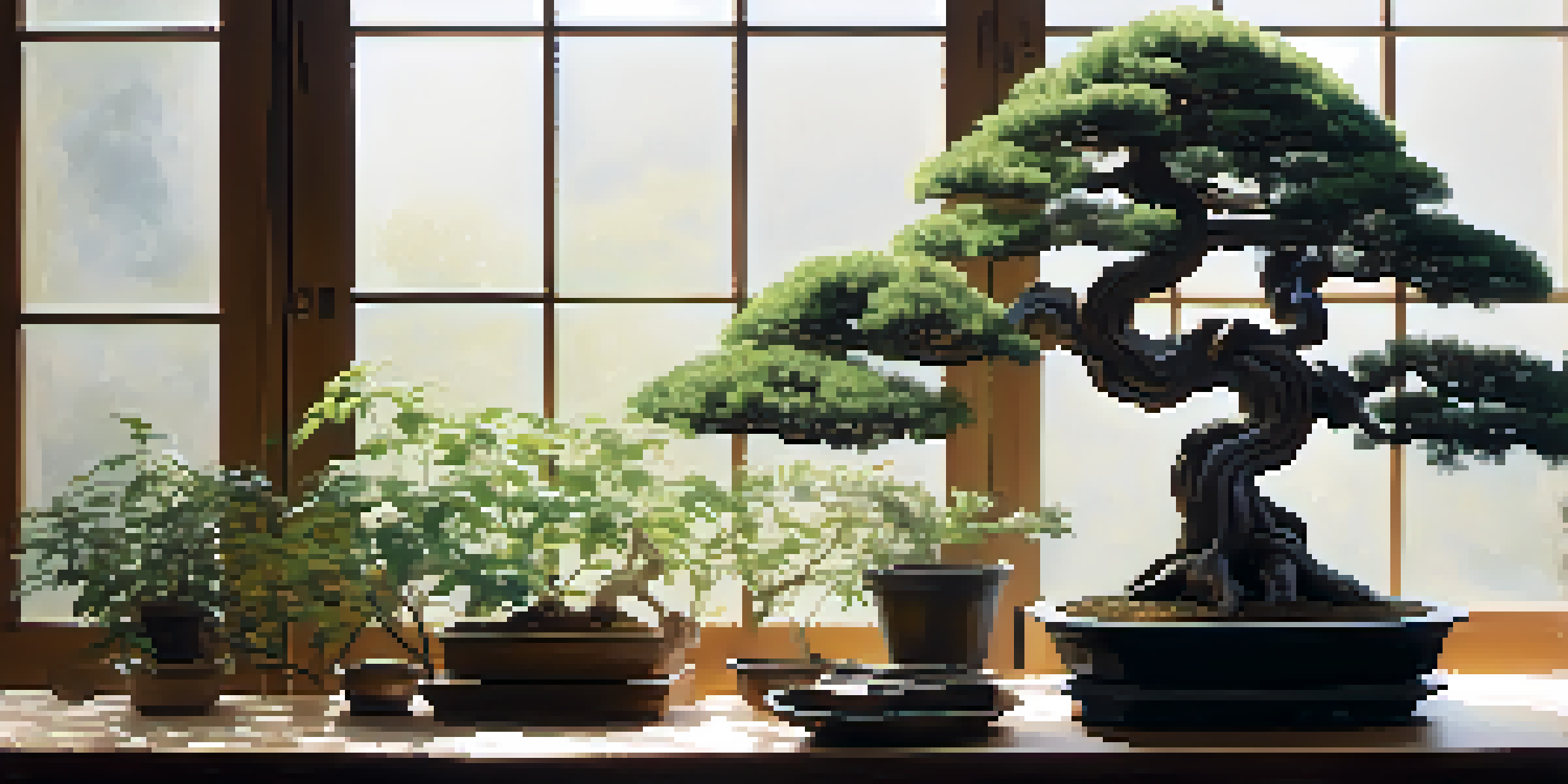 A peaceful bonsai tree on a table with bonsai tools around it, illuminated by soft natural light.