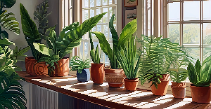 A cozy indoor garden with various houseplants on a wooden shelf, illuminated by sunlight from a window.