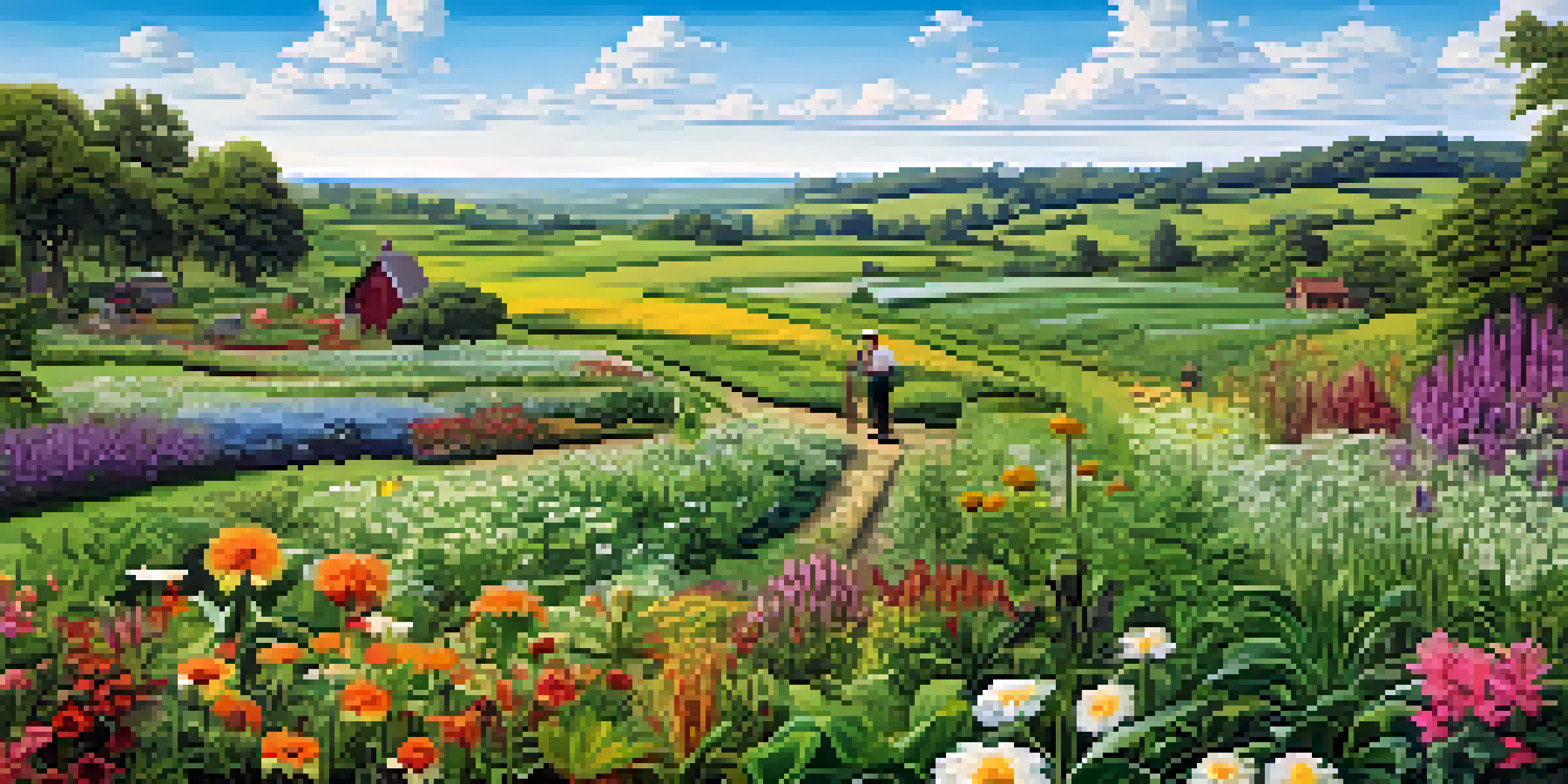 A vibrant green landscape filled with diverse plants and a farmer in the distance, illustrating the importance of biodiversity in agriculture.