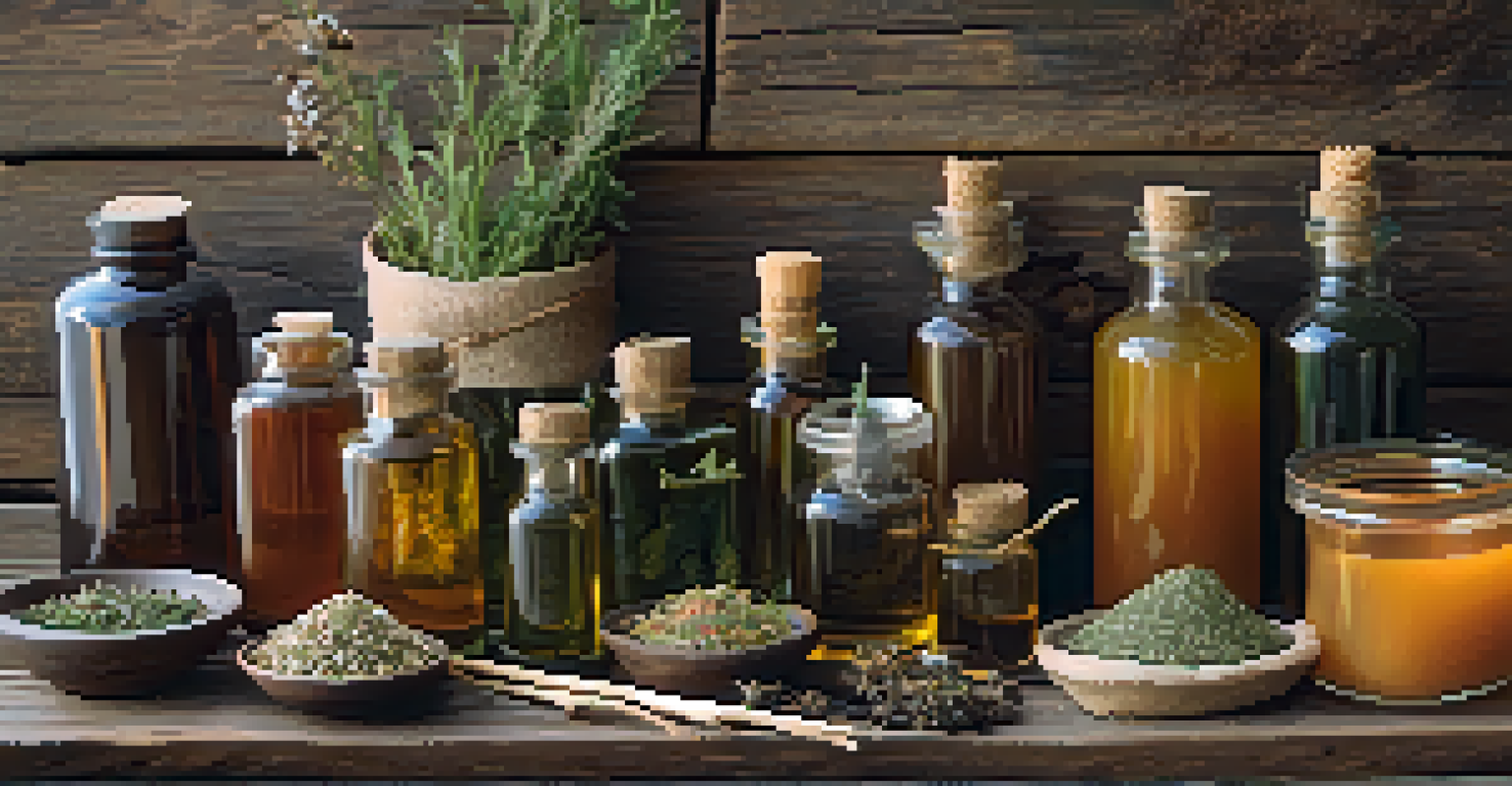 A collection of traditional herbal remedies on a wooden table, showcasing dried herbs and oils.