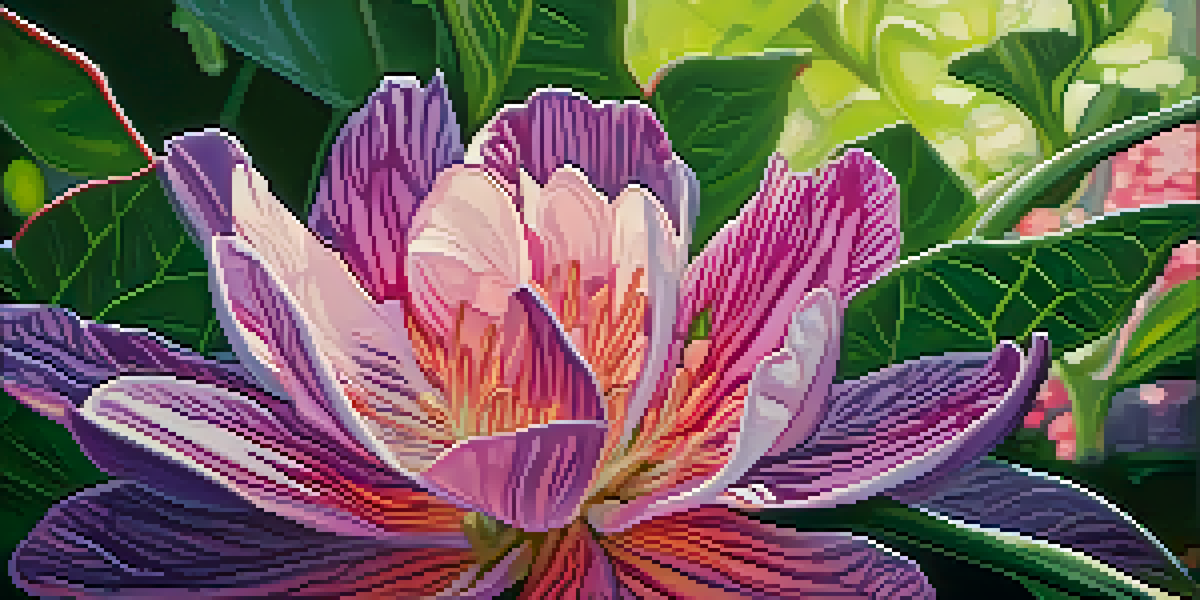 A close-up of a pink and purple flower with detailed petals, set against a blurred green garden background illuminated by sunlight.