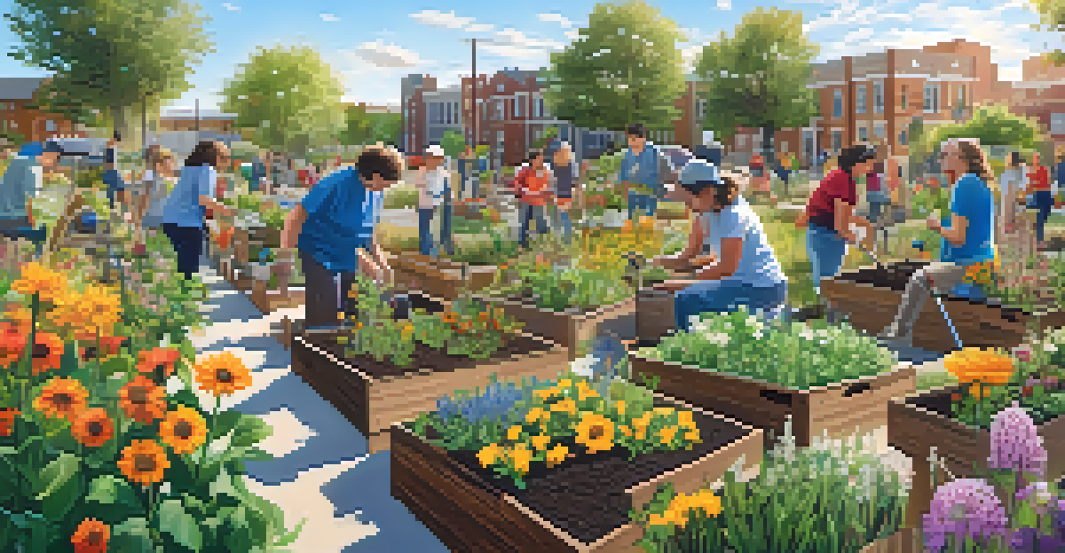 A community garden with people planting native flowers and creating habitats for pollinators.