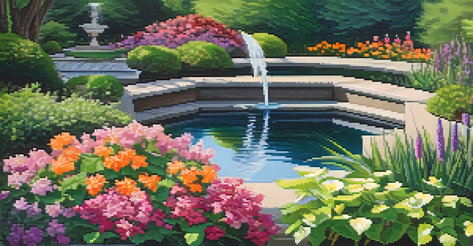 A peaceful garden pond surrounded by flowers and greenery, with birds nearby and sunlight reflecting on the water's surface.