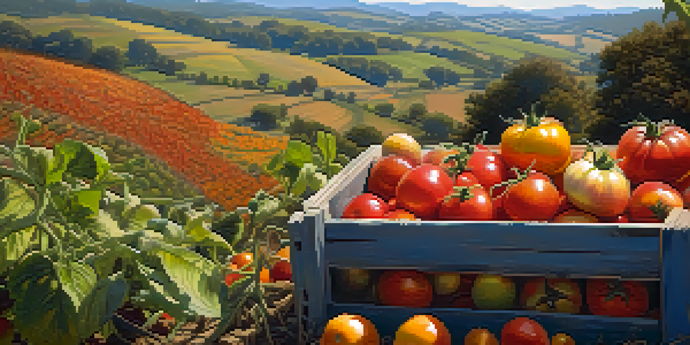 A colorful field of heirloom tomatoes with a wooden crate filled with fresh tomatoes, under a clear blue sky.