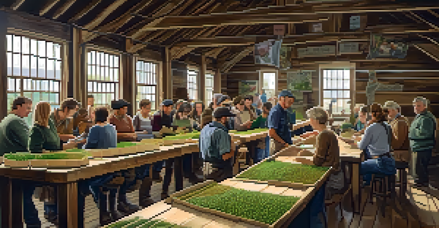 Farmers gathered in a barn for an educational workshop on seed saving, with tables full of seed packets and an instructor demonstrating techniques.