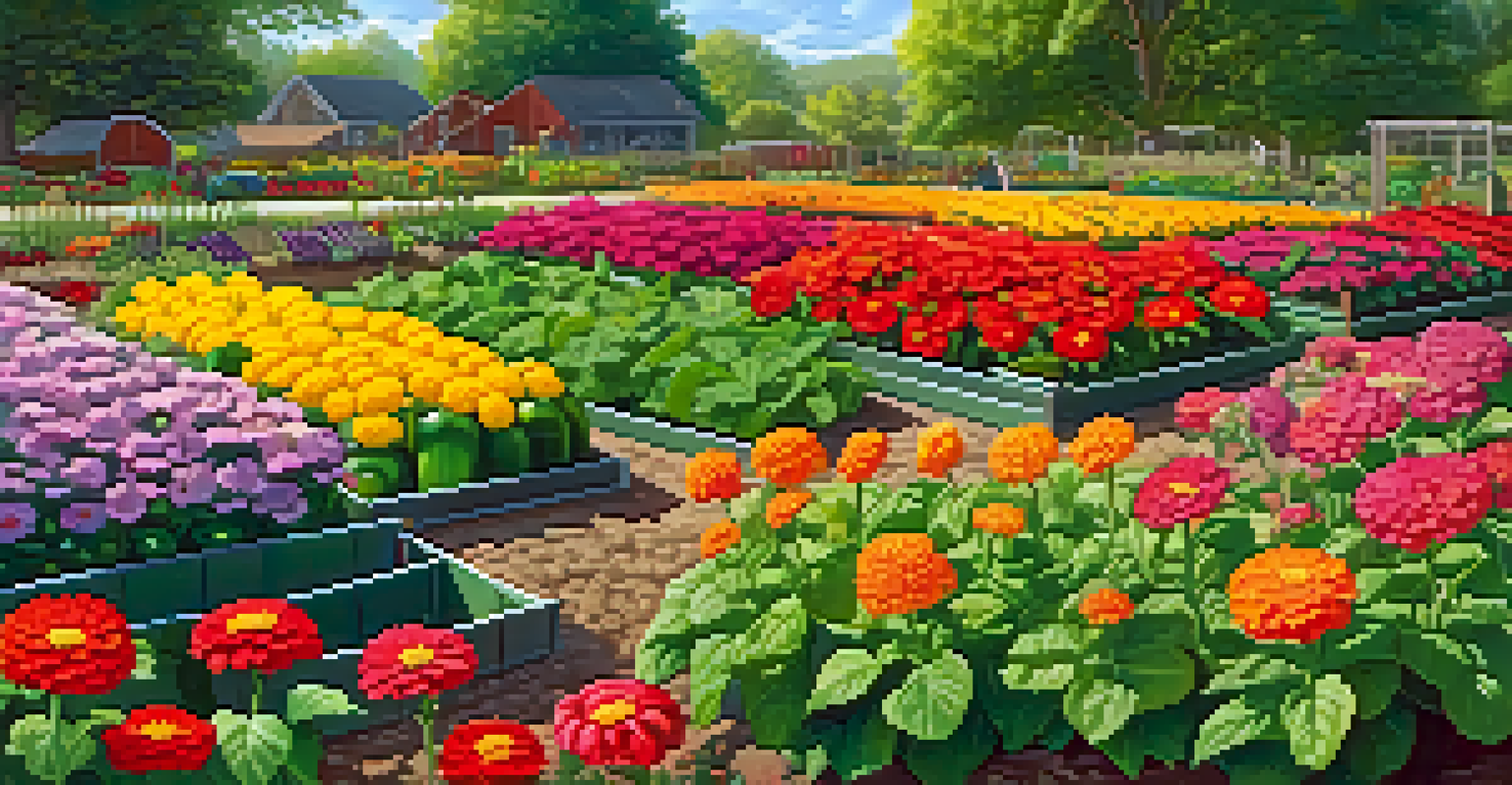 A colorful vegetable garden with blooming zinnias attracting butterflies, surrounded by healthy vegetable plants.
