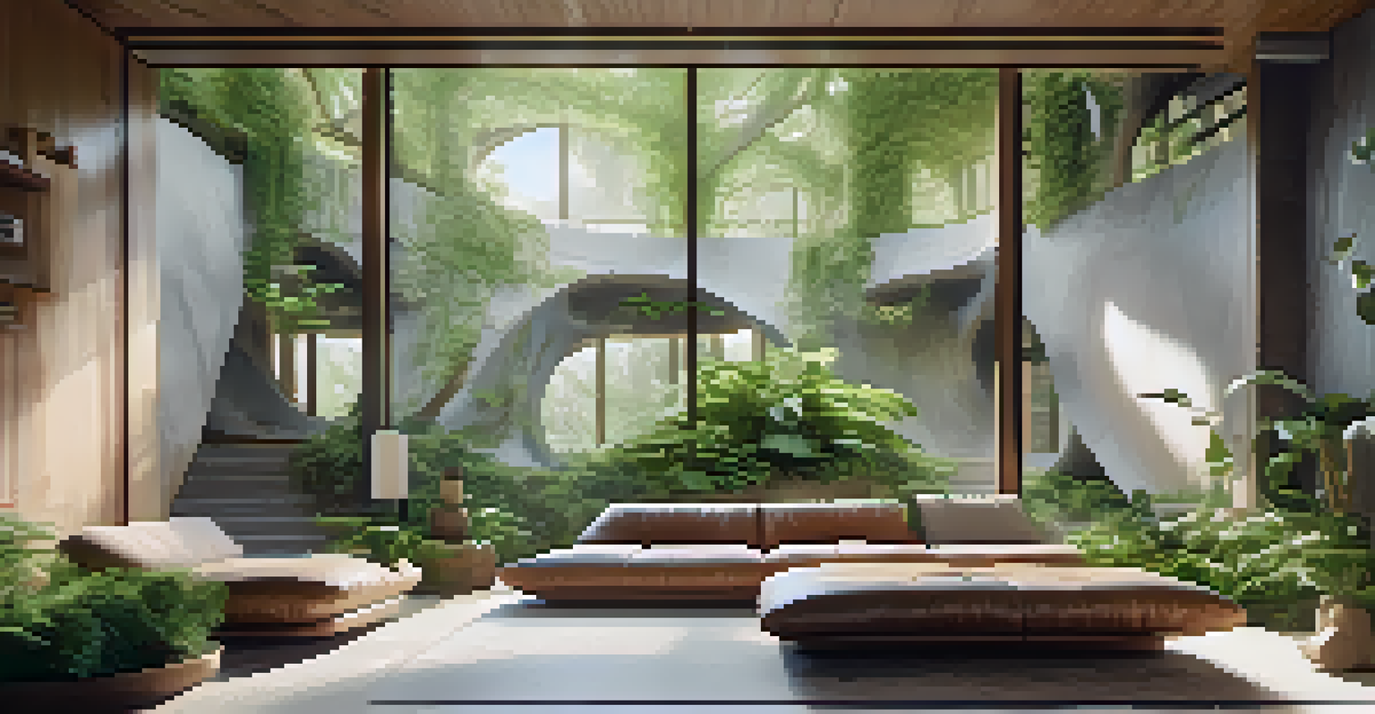 An interior space designed with organic shapes and natural elements, filled with plants and natural light, reflecting a connection to nature.