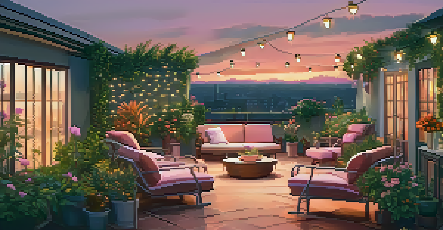 A peaceful rooftop garden at sunset with potted plants, lounge chairs, and twinkling fairy lights against a colorful sky.