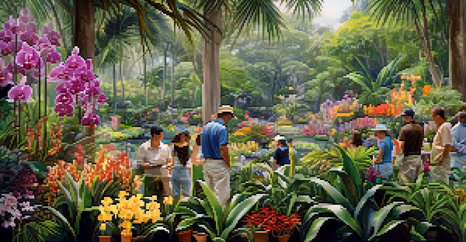 A stunning display of orchids at the Orchid Festival in Miami, with attendees admiring the flowers and a workshop in the background.