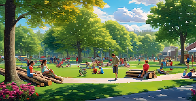 A vibrant urban park filled with people enjoying nature, children playing on a natural playground, and families picnicking, under a clear blue sky.