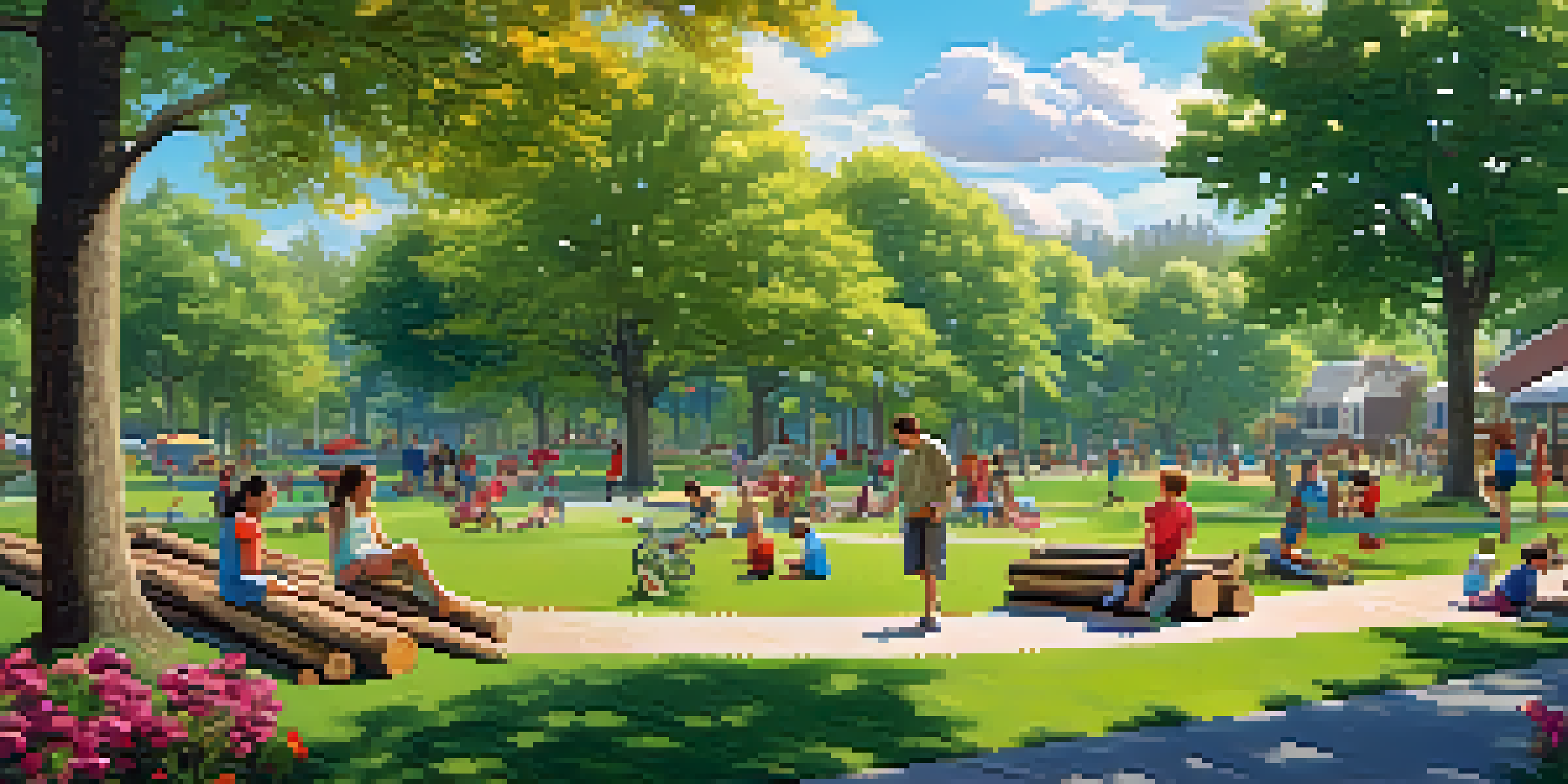 A vibrant urban park filled with people enjoying nature, children playing on a natural playground, and families picnicking, under a clear blue sky.