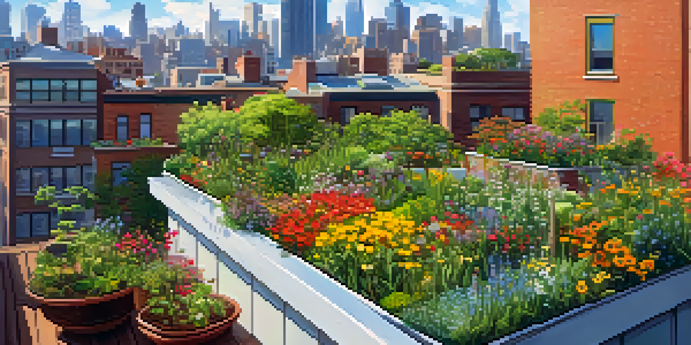 A lush rooftop garden filled with various plants and flowers, with a city skyline in the background and insects like butterflies and bees flying around.