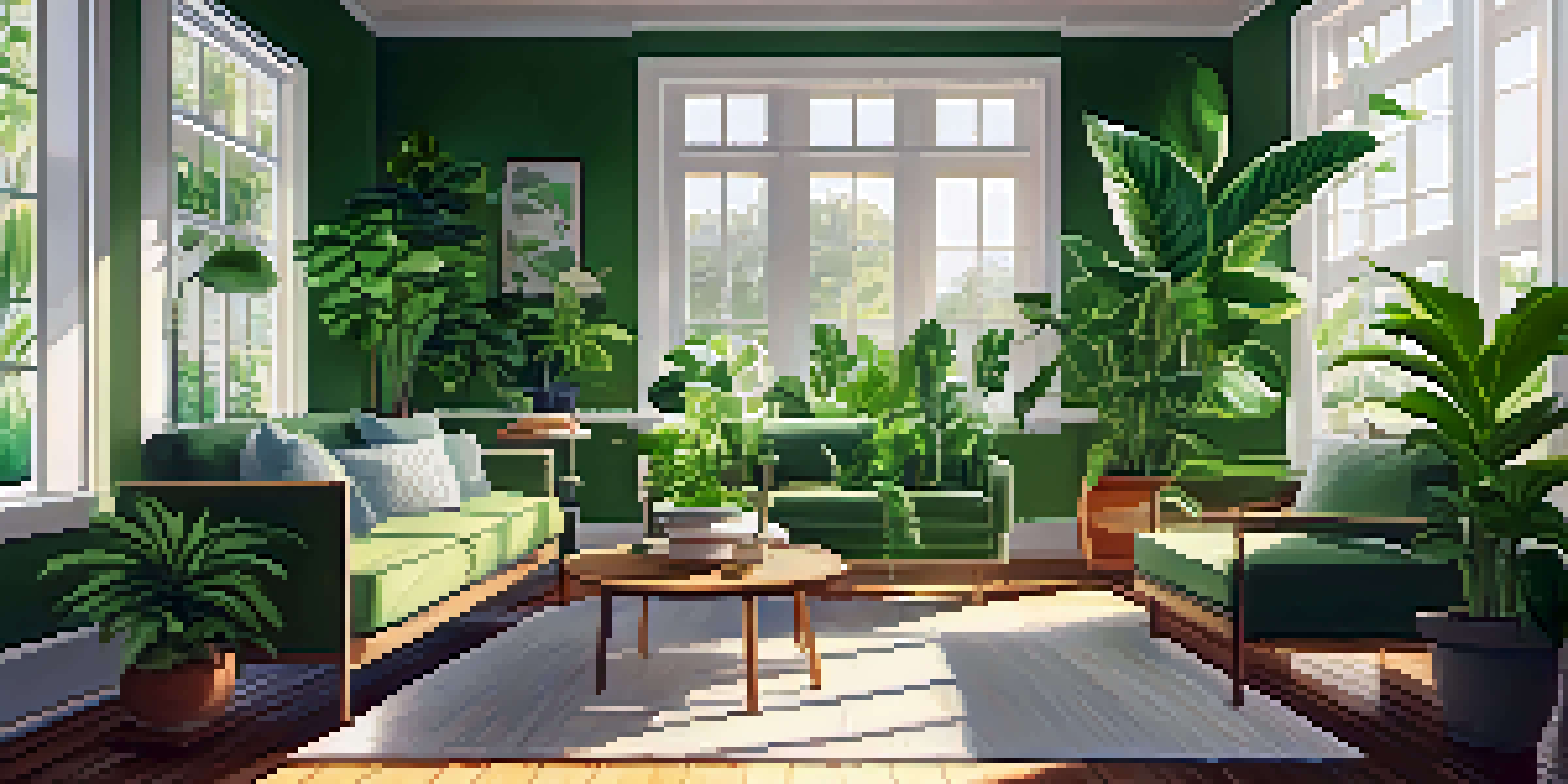 A living room decorated with several types of indoor plants, illuminated by natural sunlight coming through large windows.