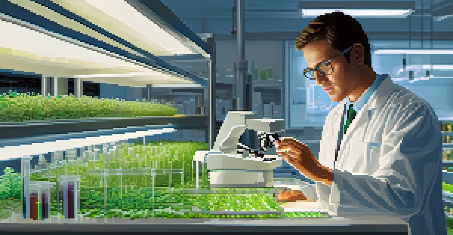 An agricultural scientist examining plant DNA samples under a microscope in a modern laboratory.