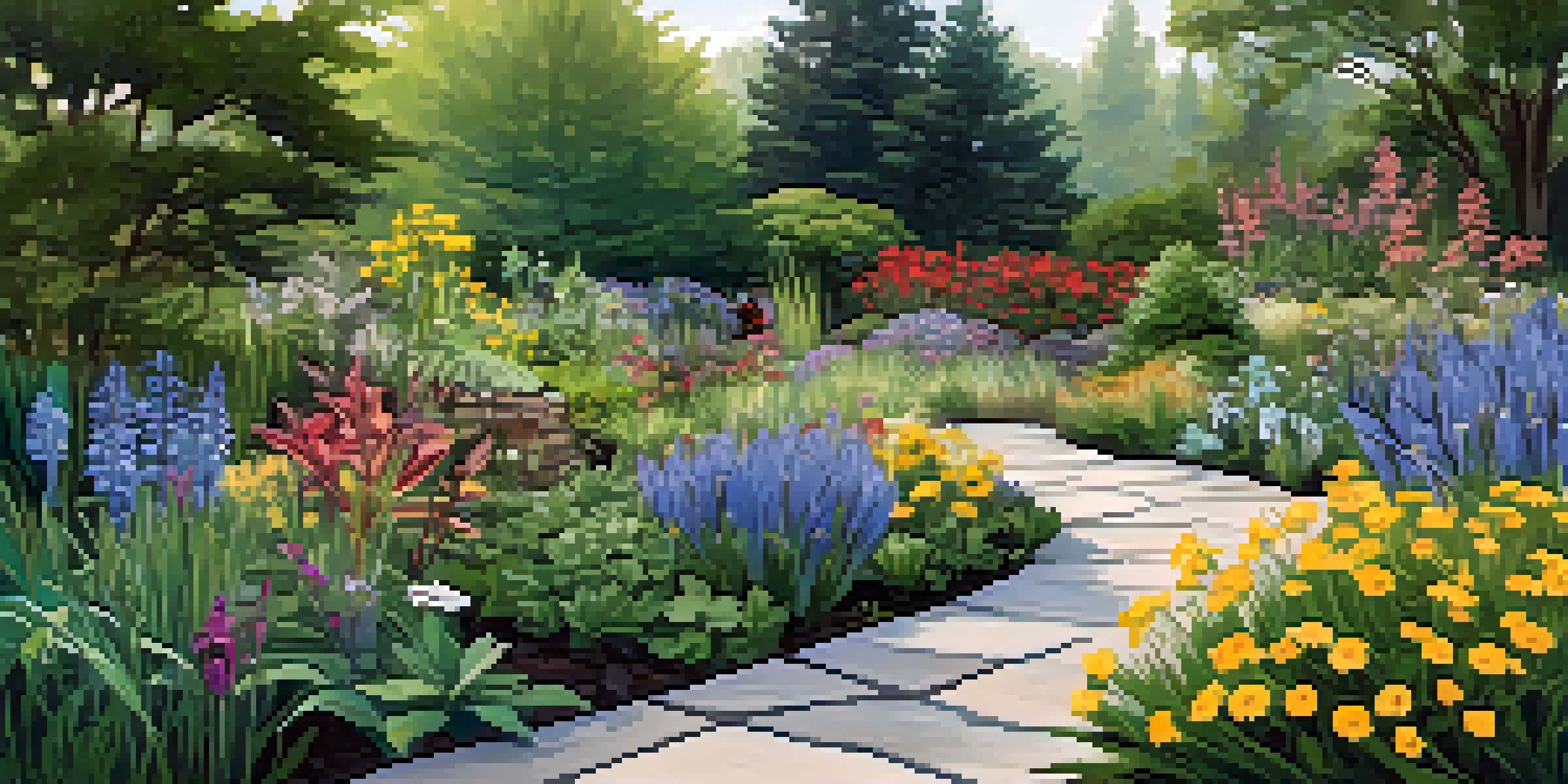 A colorful rain garden with native plants, showcasing layers of flowers and greenery, with butterflies and bees present.