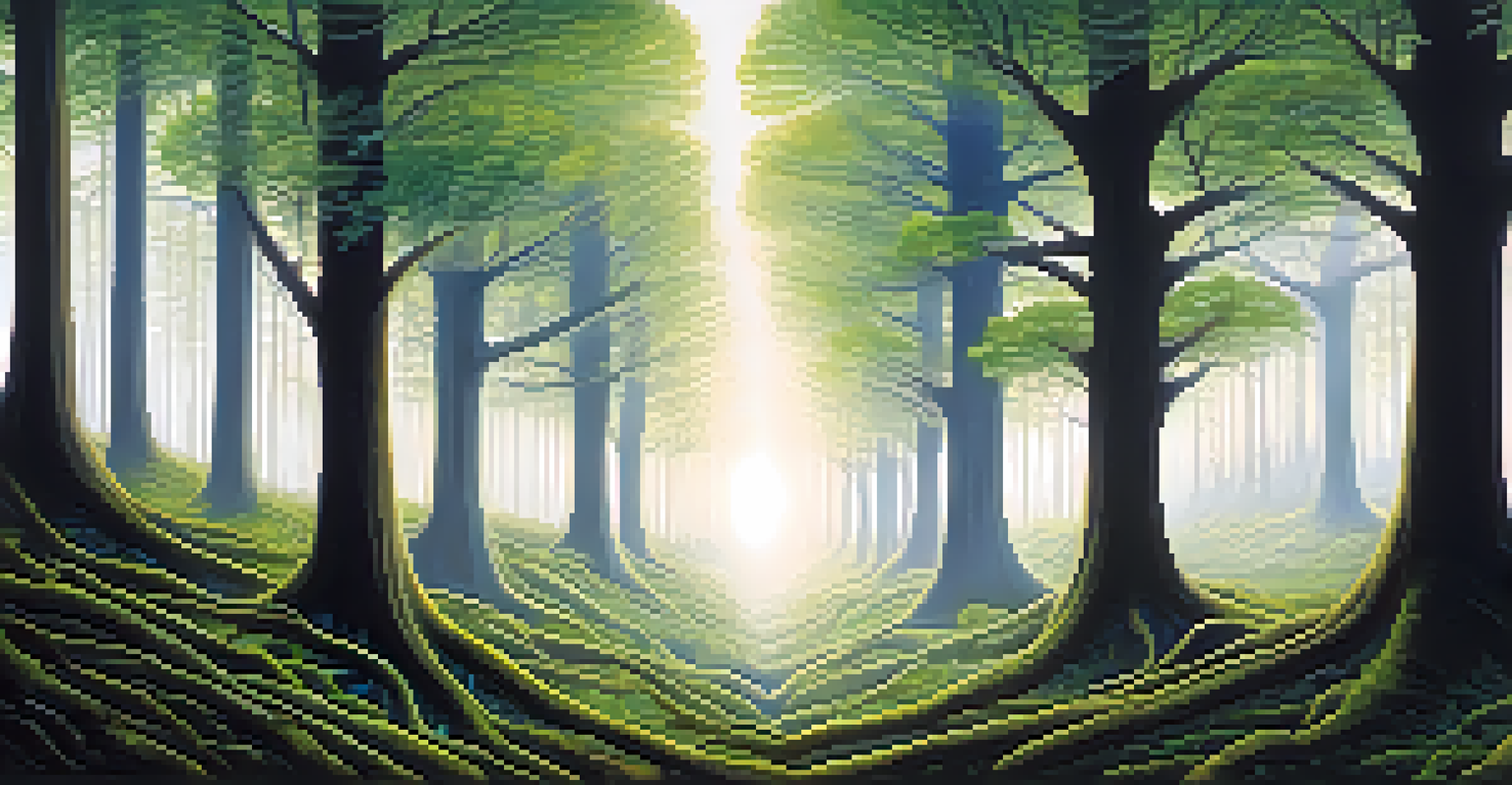 A tranquil forest with trees connected by mycorrhizal networks, illustrating their communication.