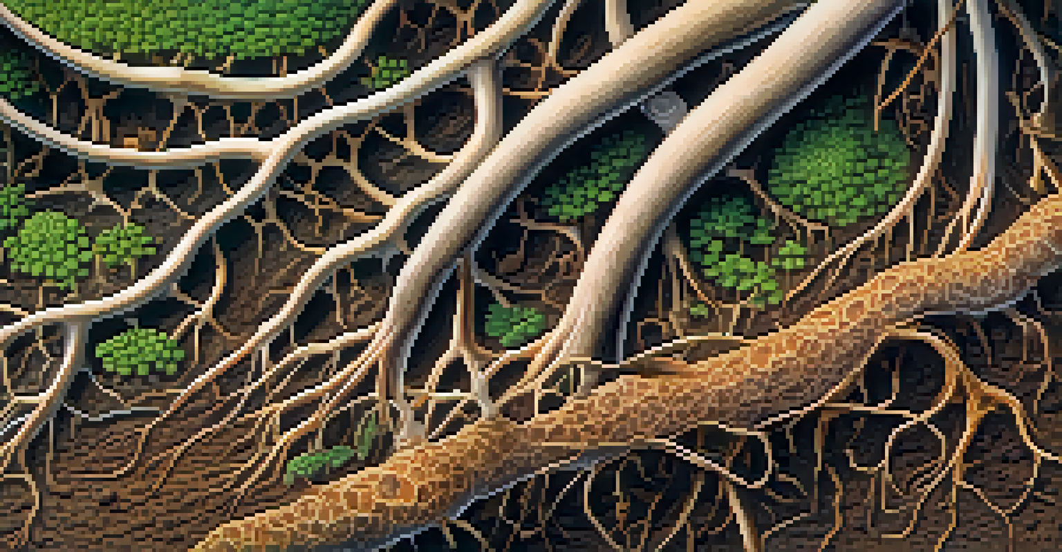 A detailed close-up of fungi interacting with plant roots in nutrient-rich soil.