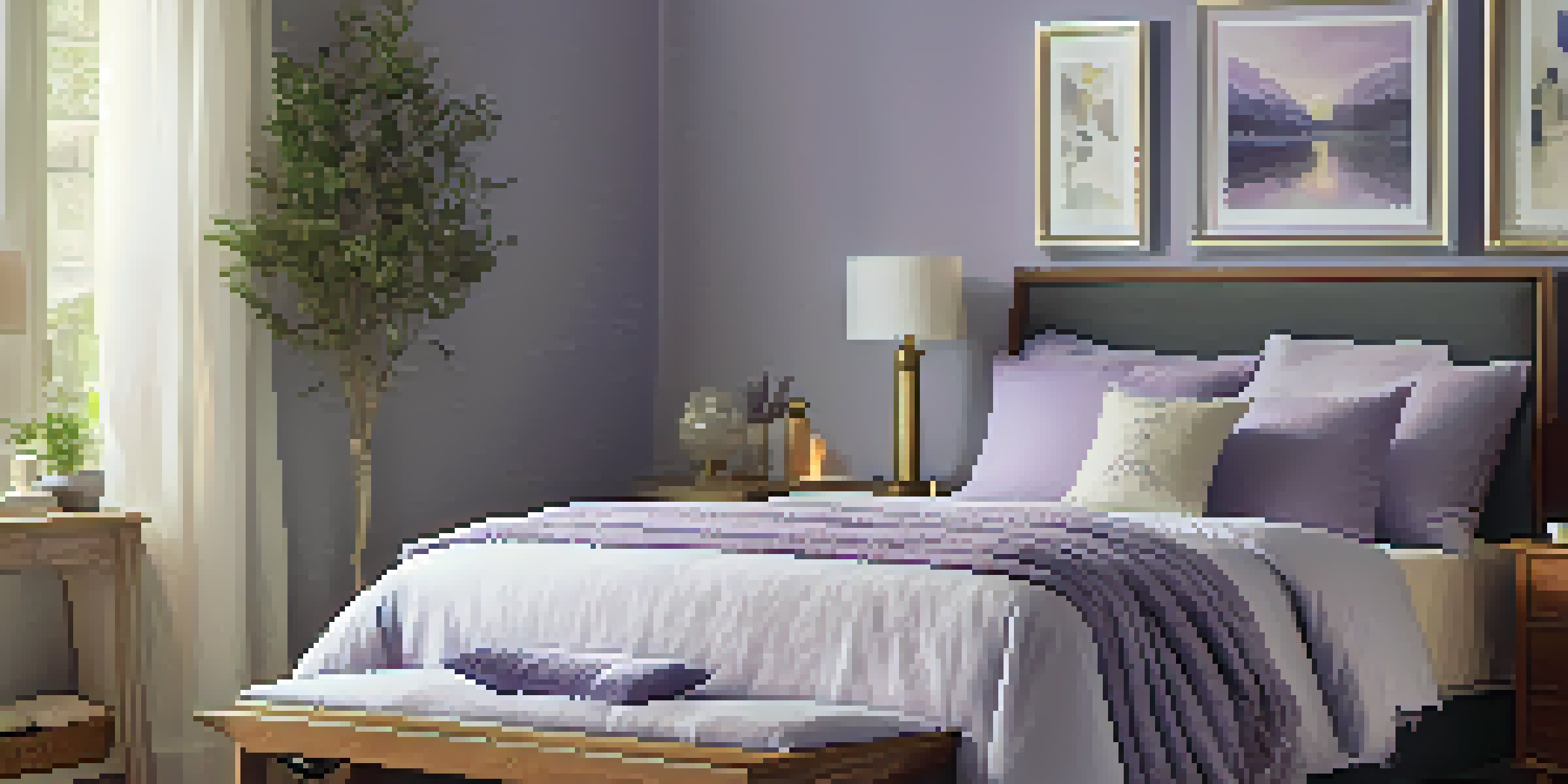 A tranquil bedroom with soft lighting, a diffuser releasing lavender mist, and essential oil bottles on a bedside table, creating a calming atmosphere.