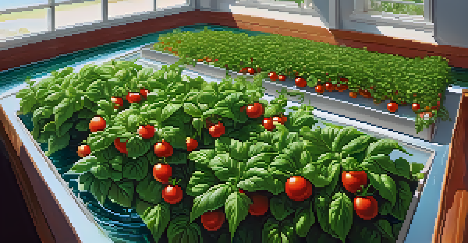 Aerial view of a Deep Water Culture hydroponic setup with tomato plants growing in nutrient-rich water under sunlight.