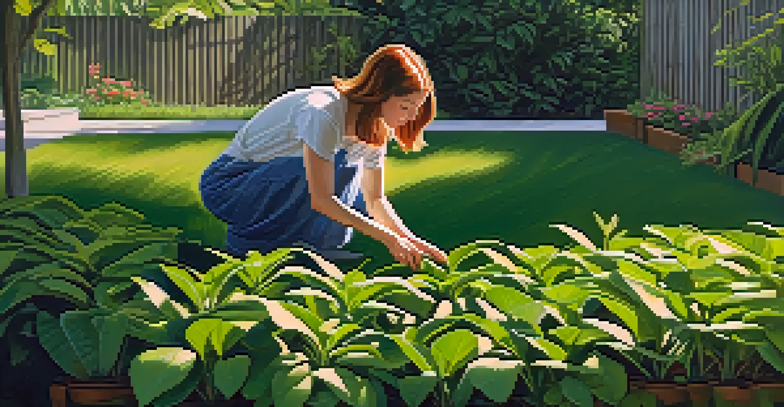 A person tending to ginger plants in a garden, with sunlight filtering through the leaves and rich soil visible.