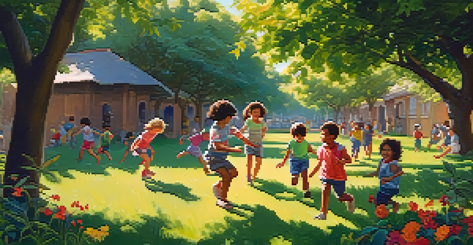 Children playing in a green park, climbing trees and building a fort with branches, enjoying the sunny day.