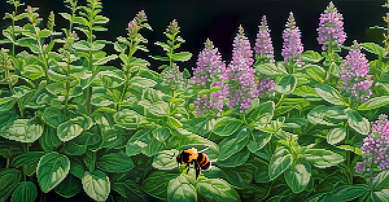 A close-up of an herb garden with blooming basil, oregano, and thyme, featuring a bee on a basil flower.