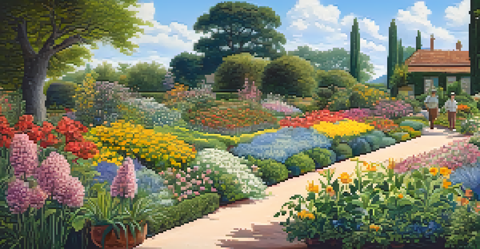A vibrant garden filled with blooming flowers, with a gardener carefully harvesting mature seeds under a blue sky.