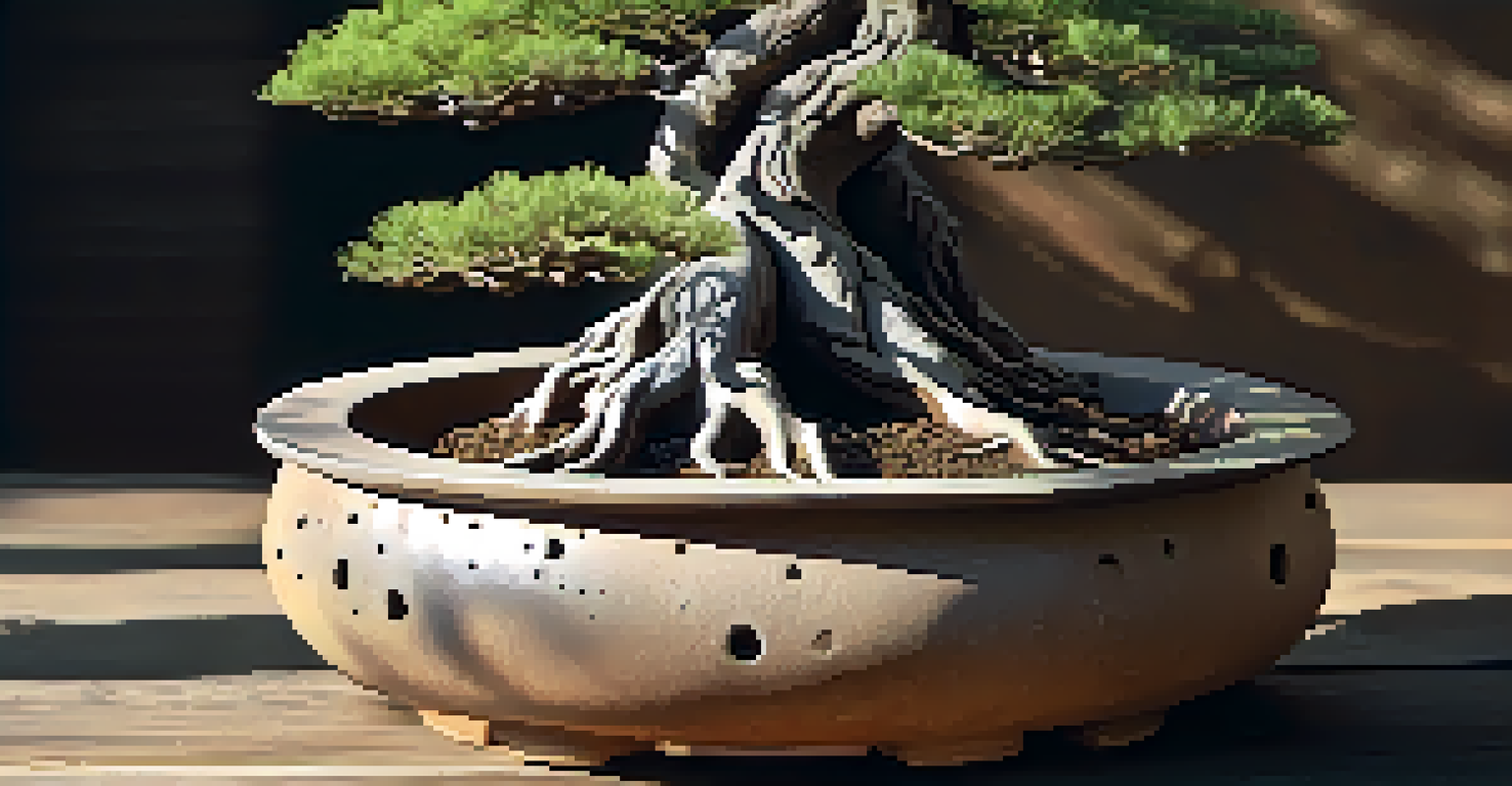 A close-up view of a bonsai pot with visible drainage holes, soil, and roots on a rustic wooden surface.
