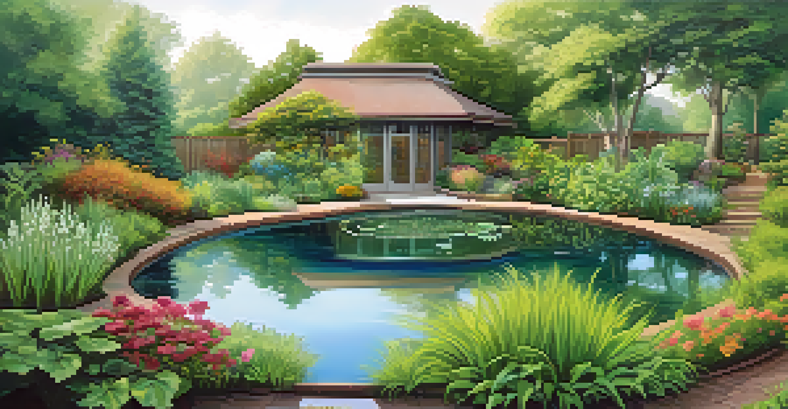 A tranquil permaculture garden with a rainwater harvesting system and a small pond, surrounded by vibrant plants, showcasing effective water management.