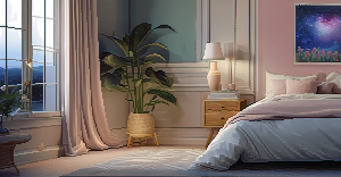 A serene bedroom scene with a peace lily on the bedside table, soft lighting, and a view of a starry night sky.