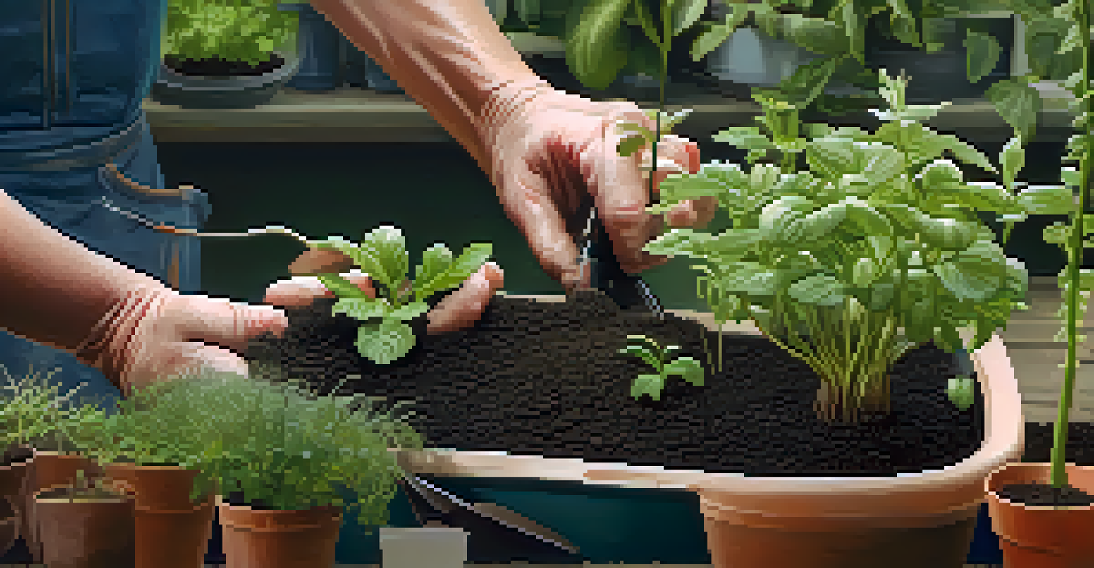 A gardener's hands repotting a plant, showing attention to root care and fresh soil in a bright potting area.