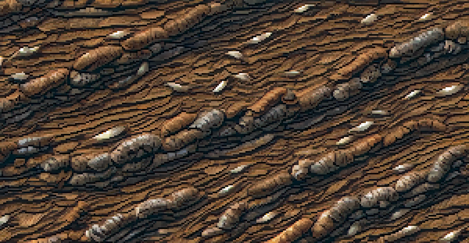 A close-up of shredded bark and wood chip organic mulch on soil, with visible earthworms and insects, emphasizing soil health.