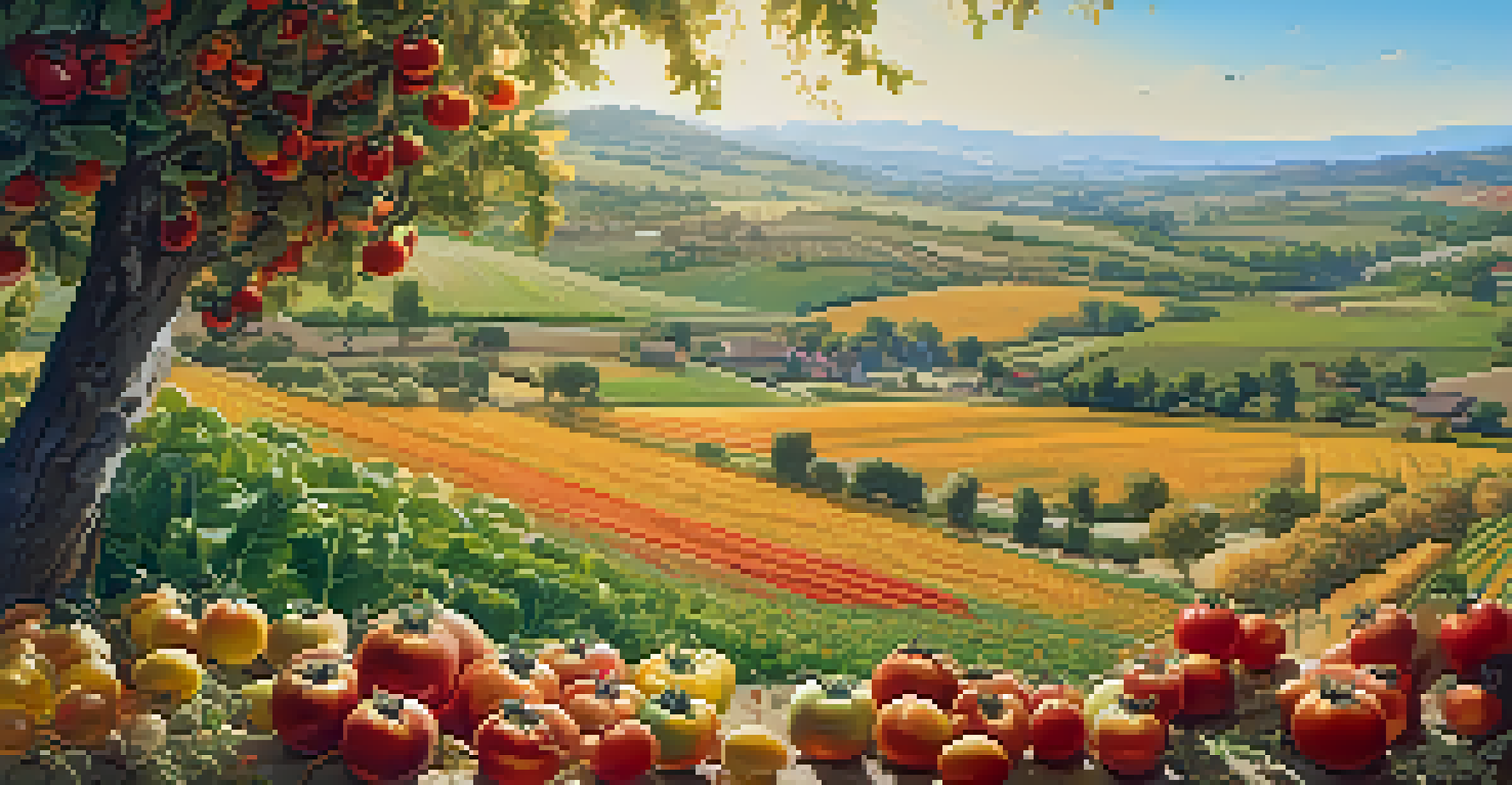 A lush farmer's field with various crops and bees, under a sunny sky.