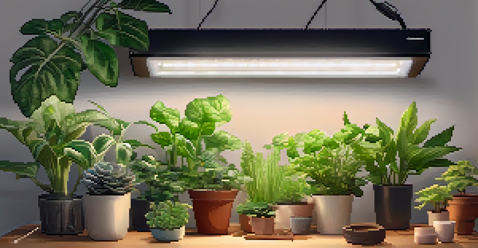 A home gardening space with various plants illuminated by LED grow lights.
