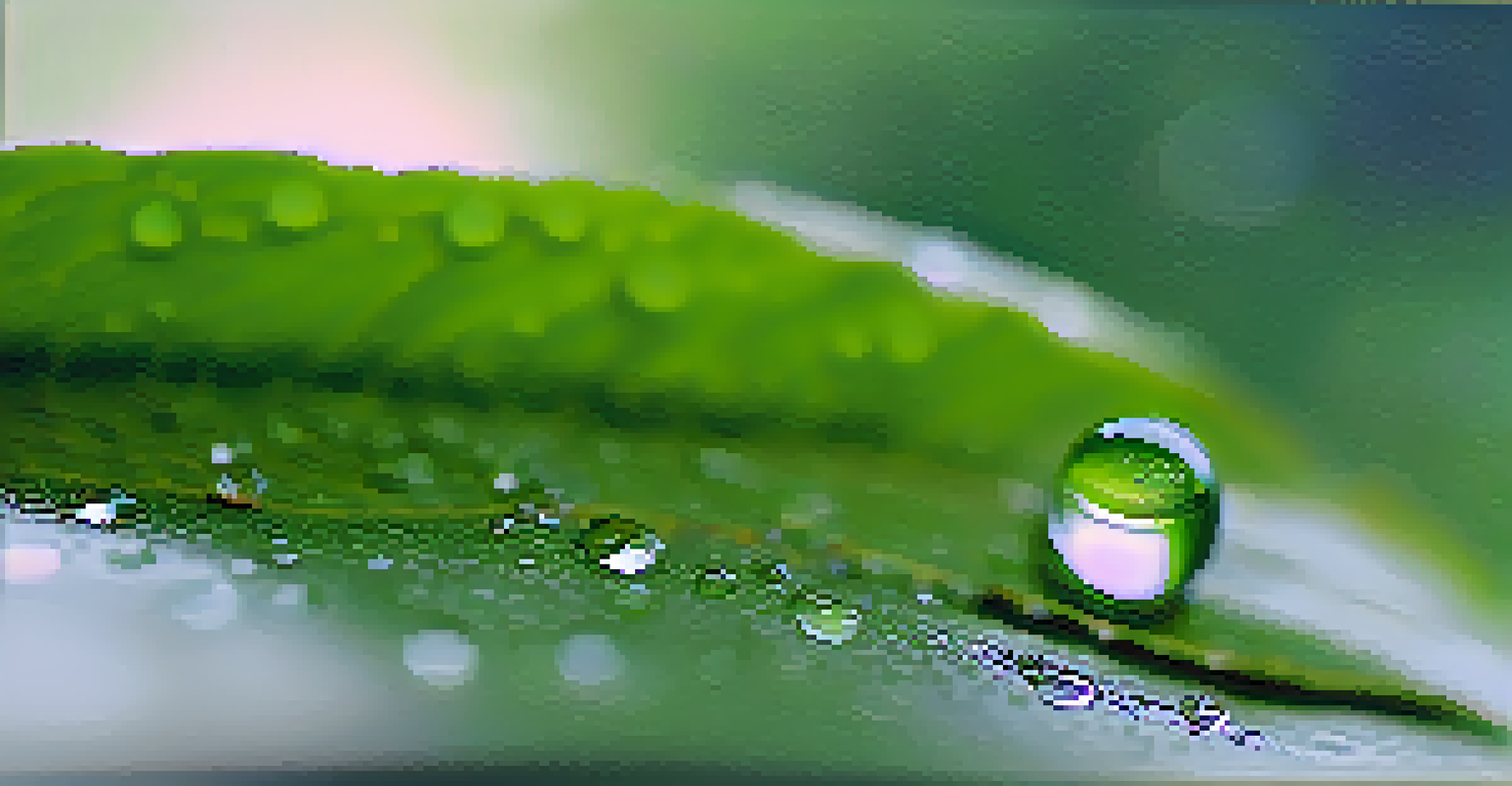 A water droplet on a leaf edge after rain, with a blurred green foliage background, highlighting the droplet's reflection.